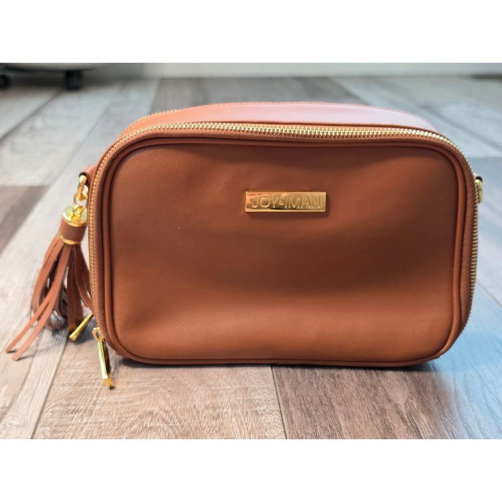 Joy & Iman Tan Leather Camera Bag Crossbody Gold Hardware Tassel Purse